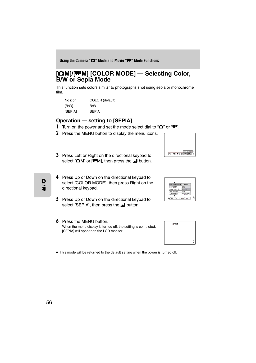 Kyocera Finecam L3, Finecam L4 SM/mM Color Mode Selecting Color Or Sepia Mode, Operation setting to Sepia 