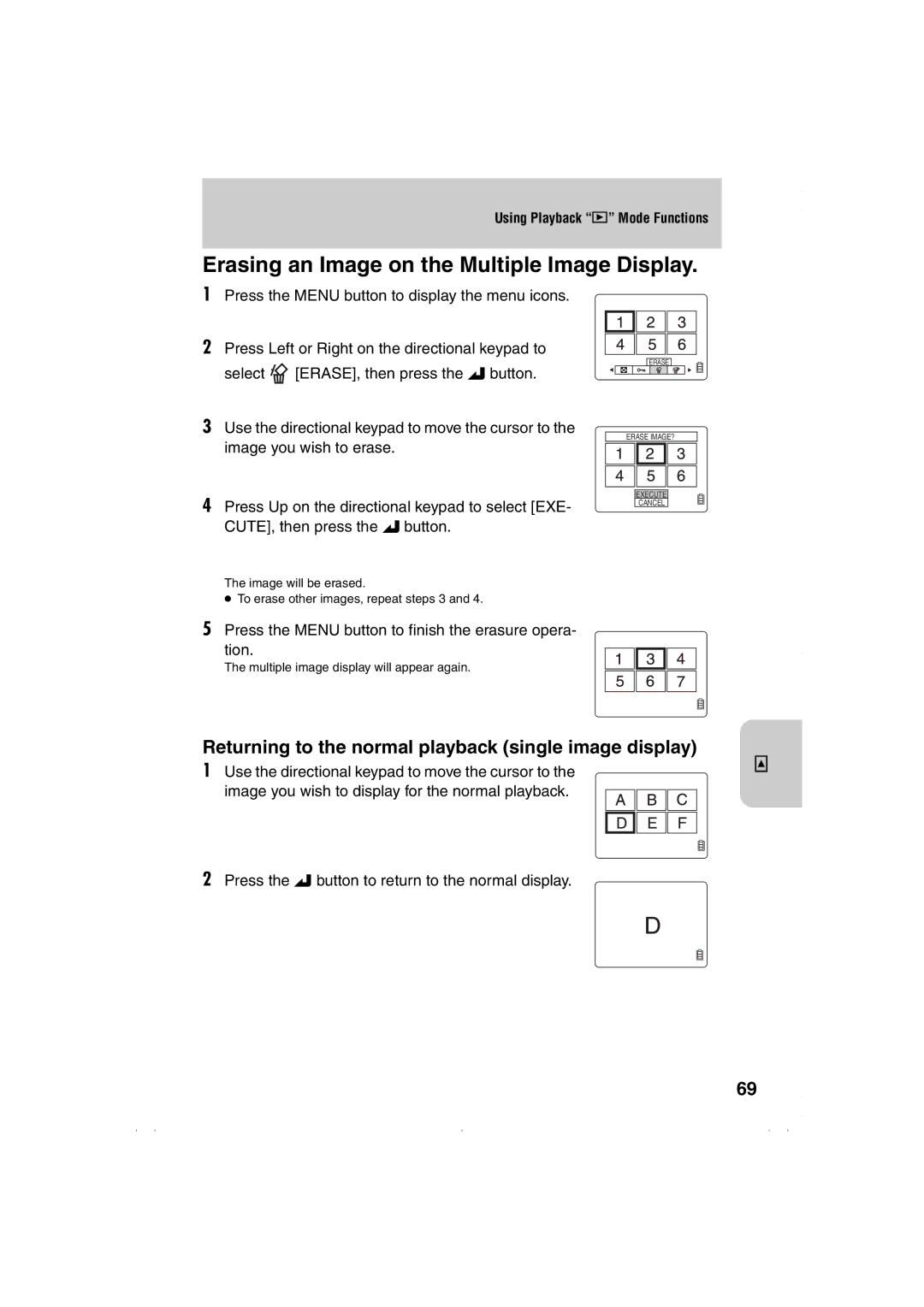 Kyocera L3, L4 Erasing an Image on the Multiple Image Display, Returning to the normal playback single image display 