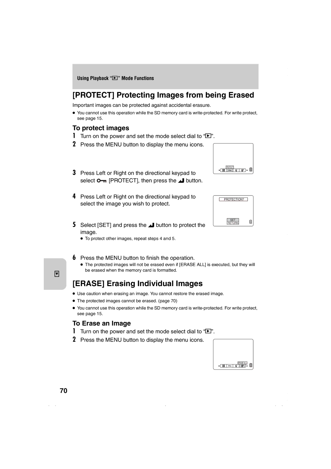 Kyocera L4, Finecam L3 Protect Protecting Images from being Erased, Erase Erasing Individual Images, To protect images 