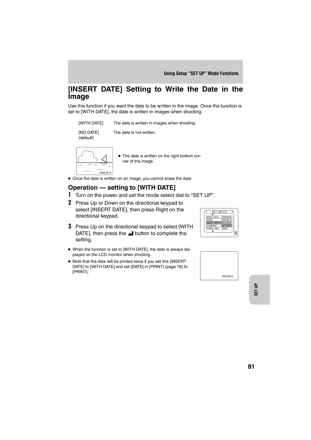 Kyocera Finecam L3, Finecam L4 Insert Date Setting to Write the Date in the Image, Operation setting to with Date 