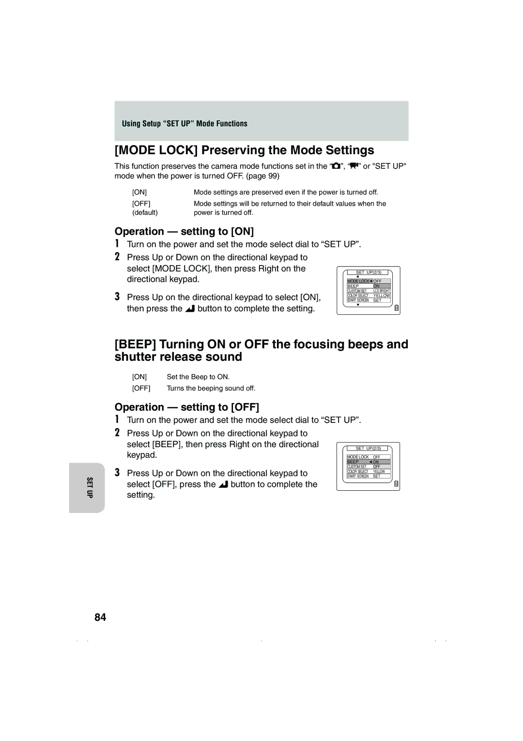 Kyocera Finecam L3, Finecam L4 instruction manual Mode Lock Preserving the Mode Settings, Operation setting to on, Keypad 