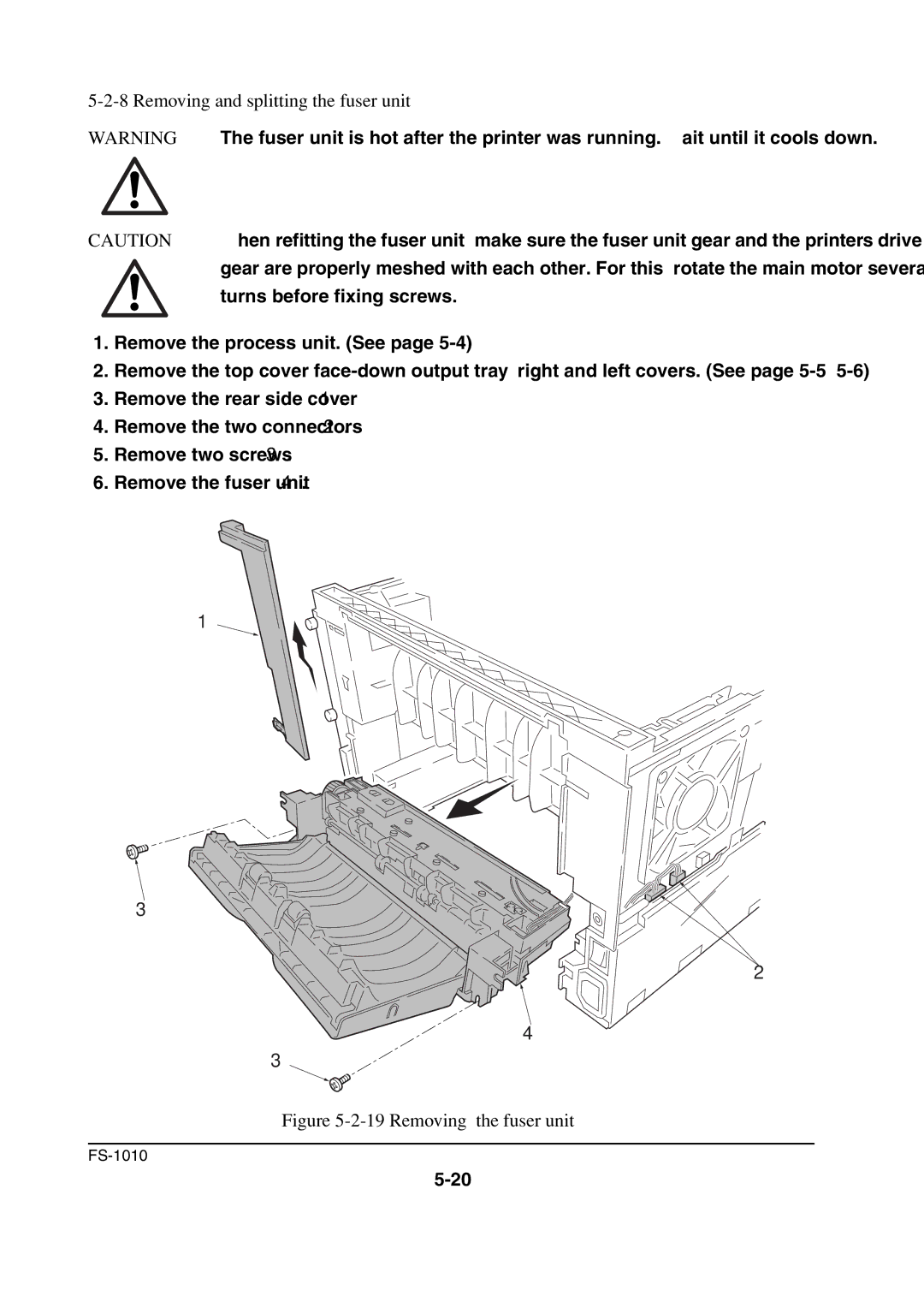 Kyocera FS-1010 service manual Removing and splitting the fuser unit, Removing the fuser unit 