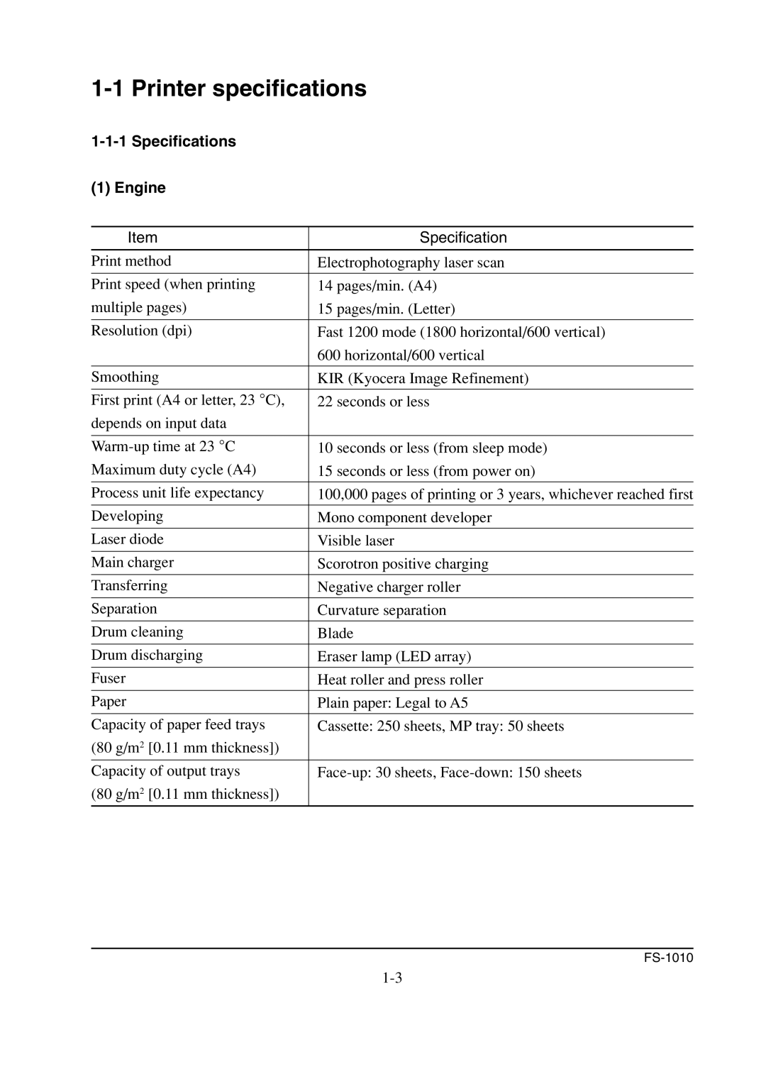 Kyocera FS-1010 service manual Printer specifications, Specifications Engine 