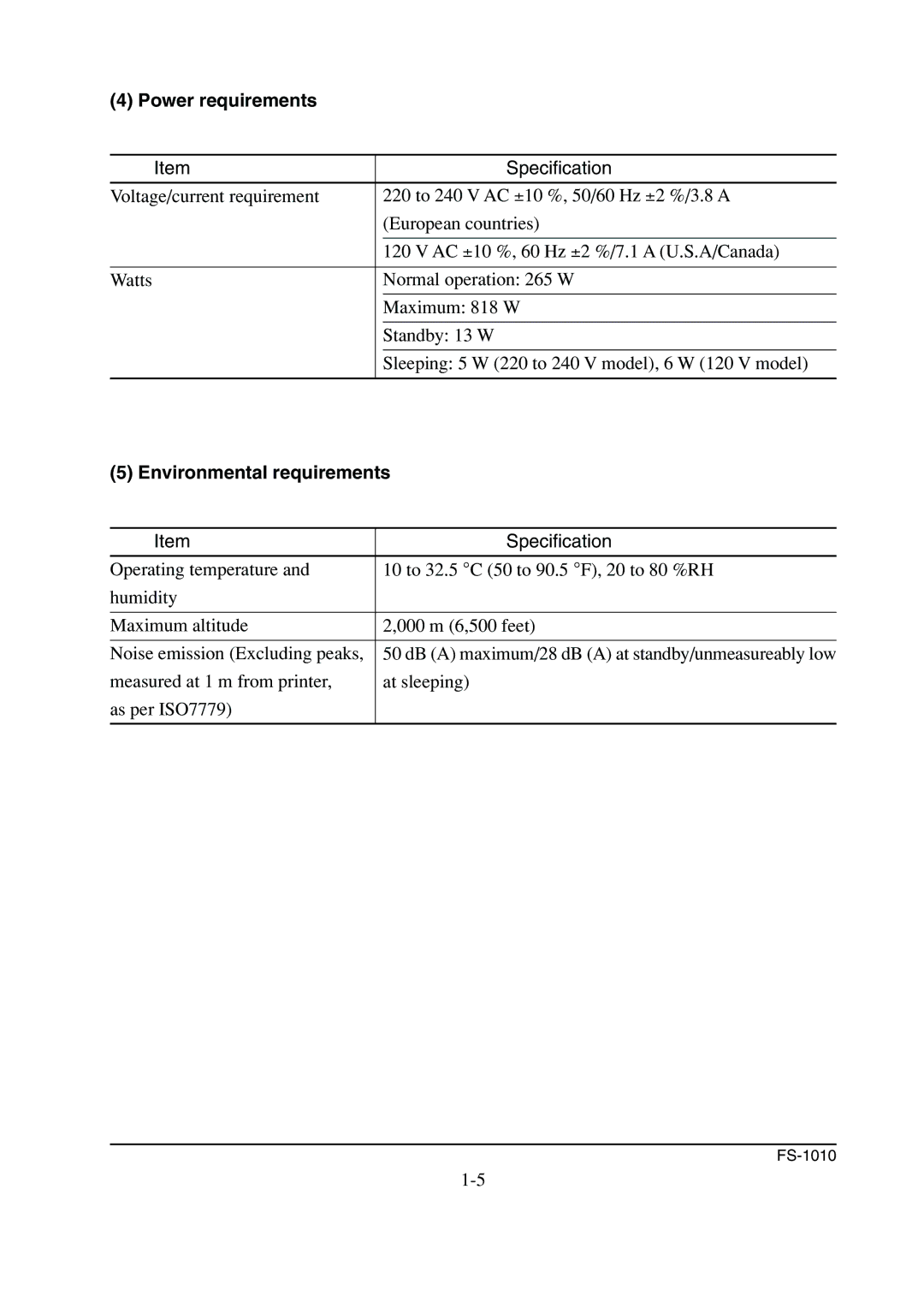 Kyocera FS-1010 service manual Power requirements, Environmental requirements 