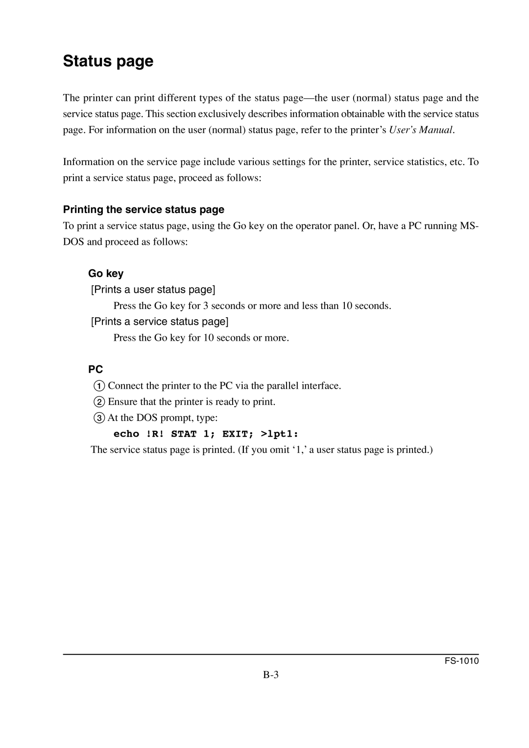 Kyocera FS-1010 service manual Status, Printing the service status, Go key 