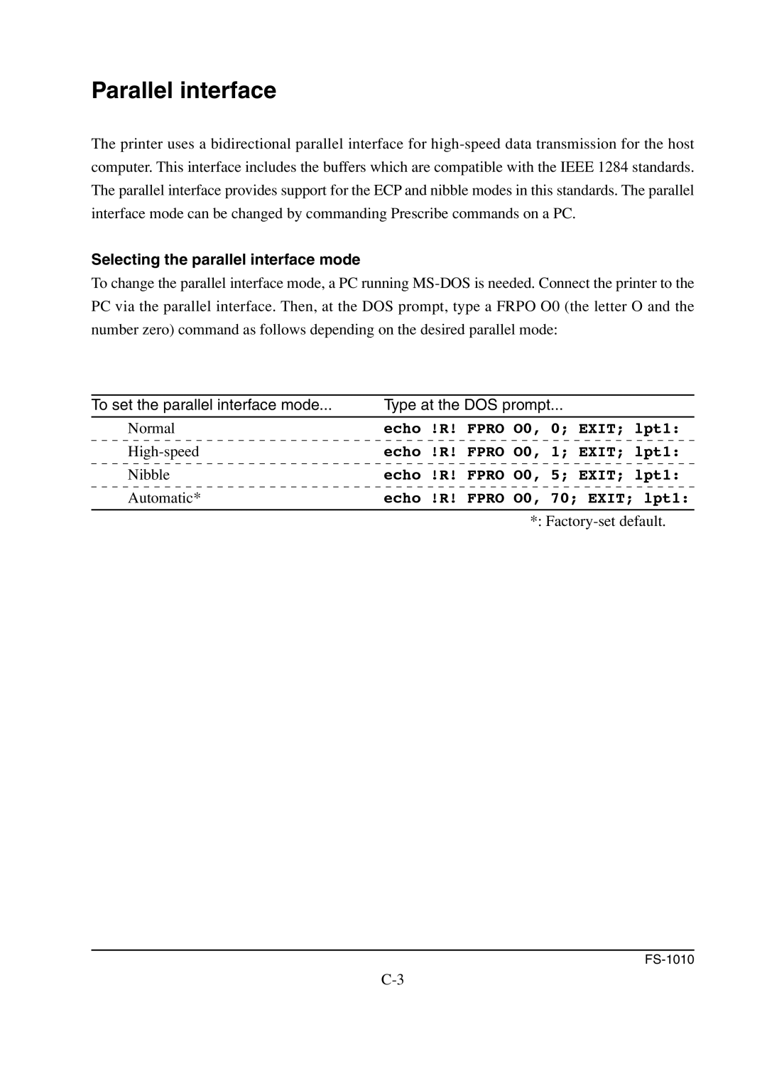 Kyocera FS-1010 service manual Parallel interface, Selecting the parallel interface mode 