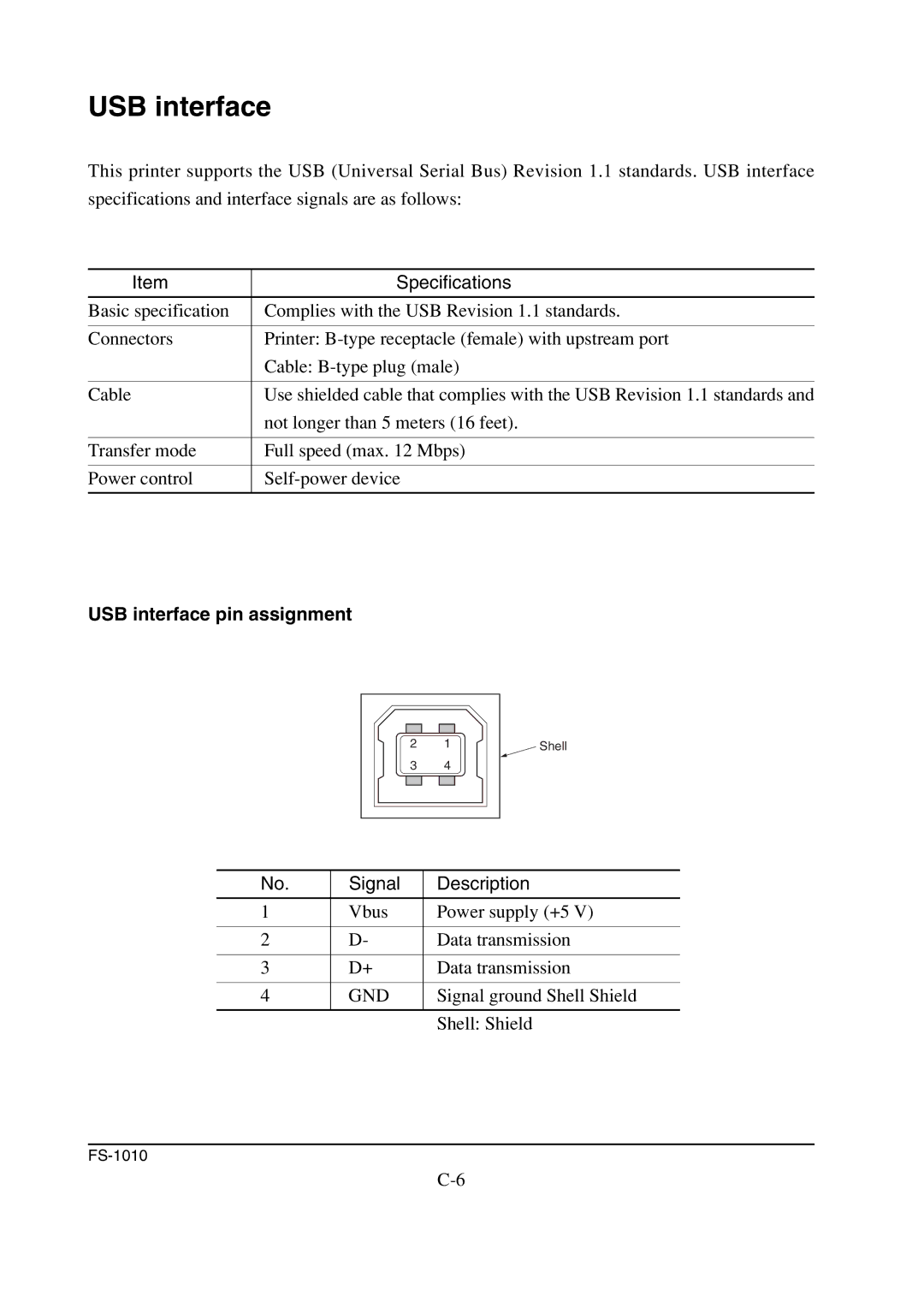 Kyocera FS-1010 service manual USB interface pin assignment 