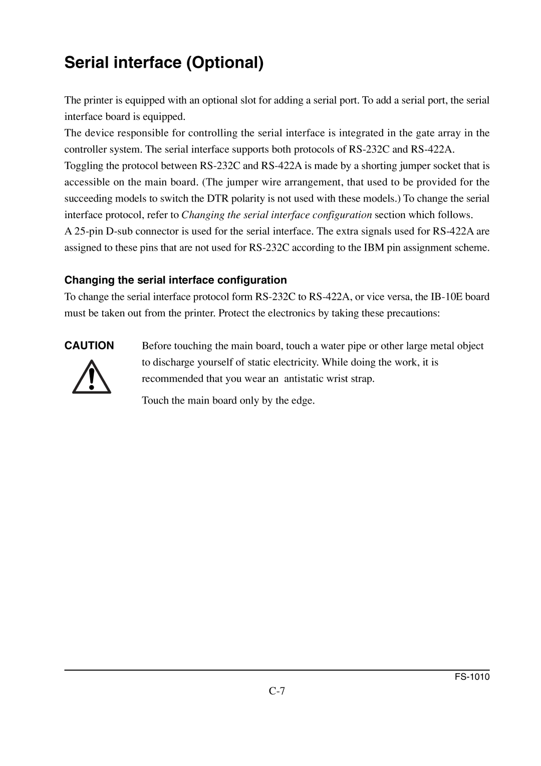 Kyocera FS-1010 service manual Serial interface Optional, Changing the serial interface configuration 