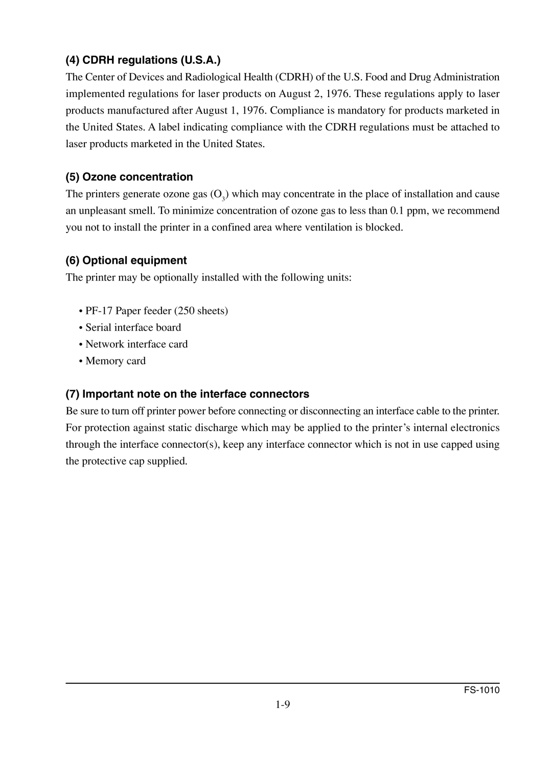 Kyocera FS-1010 service manual Cdrh regulations U.S.A, Ozone concentration, Optional equipment 