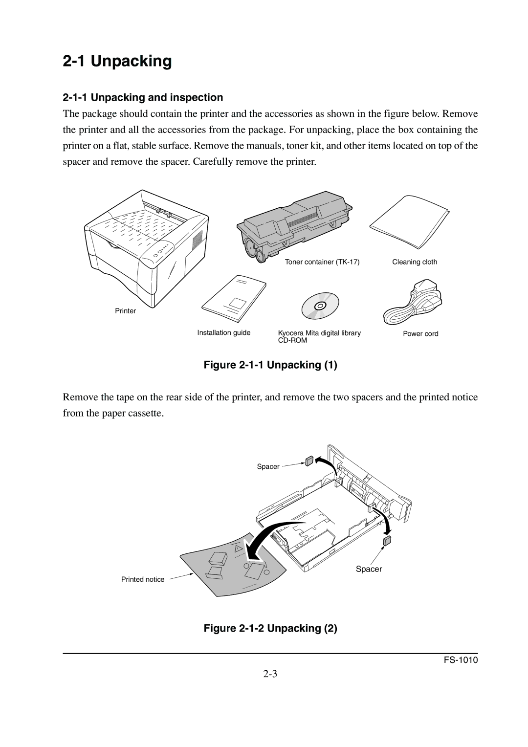 Kyocera FS-1010 service manual Unpacking and inspection 