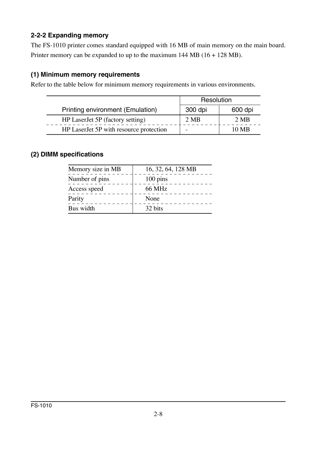 Kyocera FS-1010 service manual Expanding memory, Minimum memory requirements, Dimm specifications 