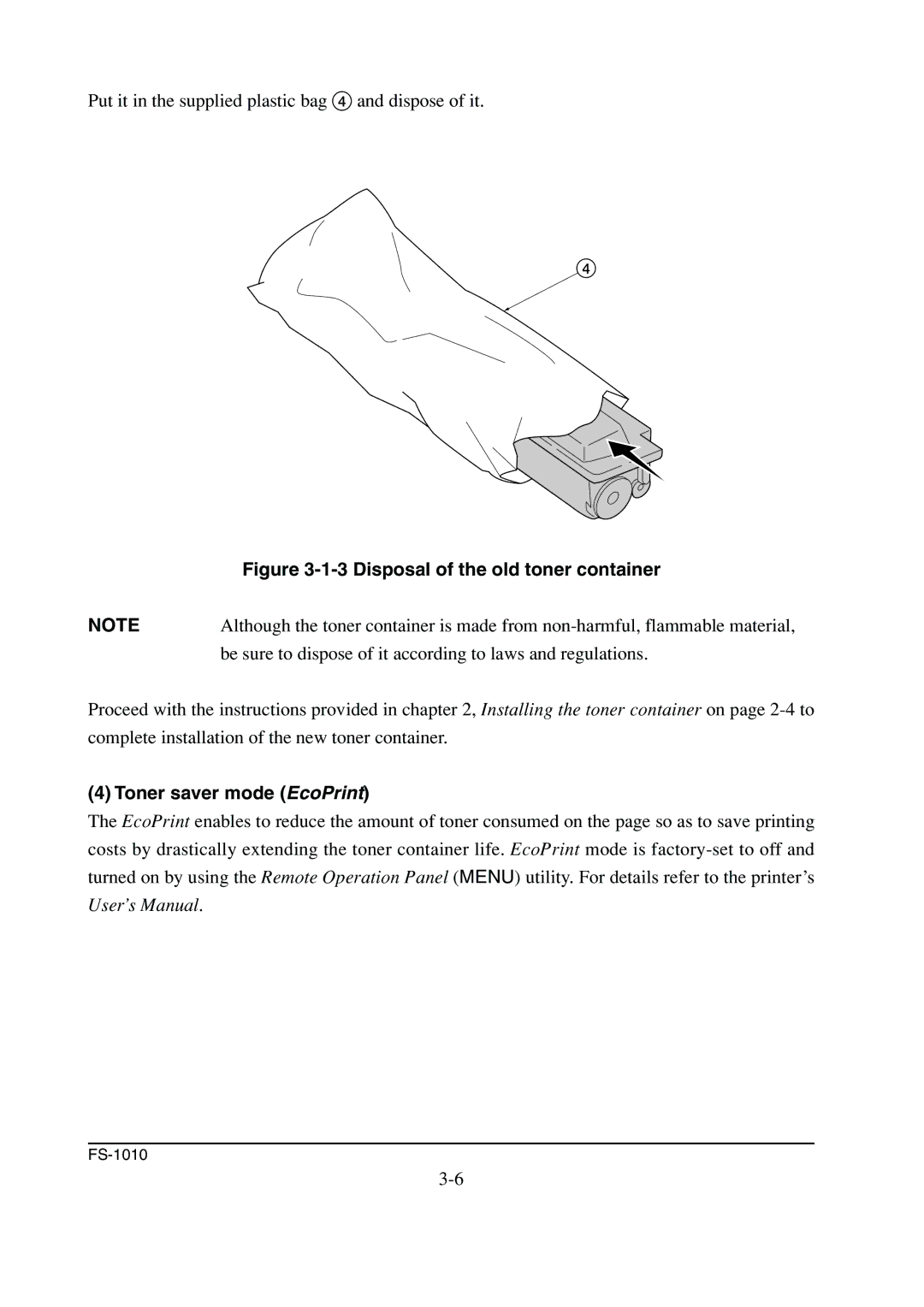 Kyocera FS-1010 service manual Disposal of the old toner container, Toner saver mode EcoPrint 