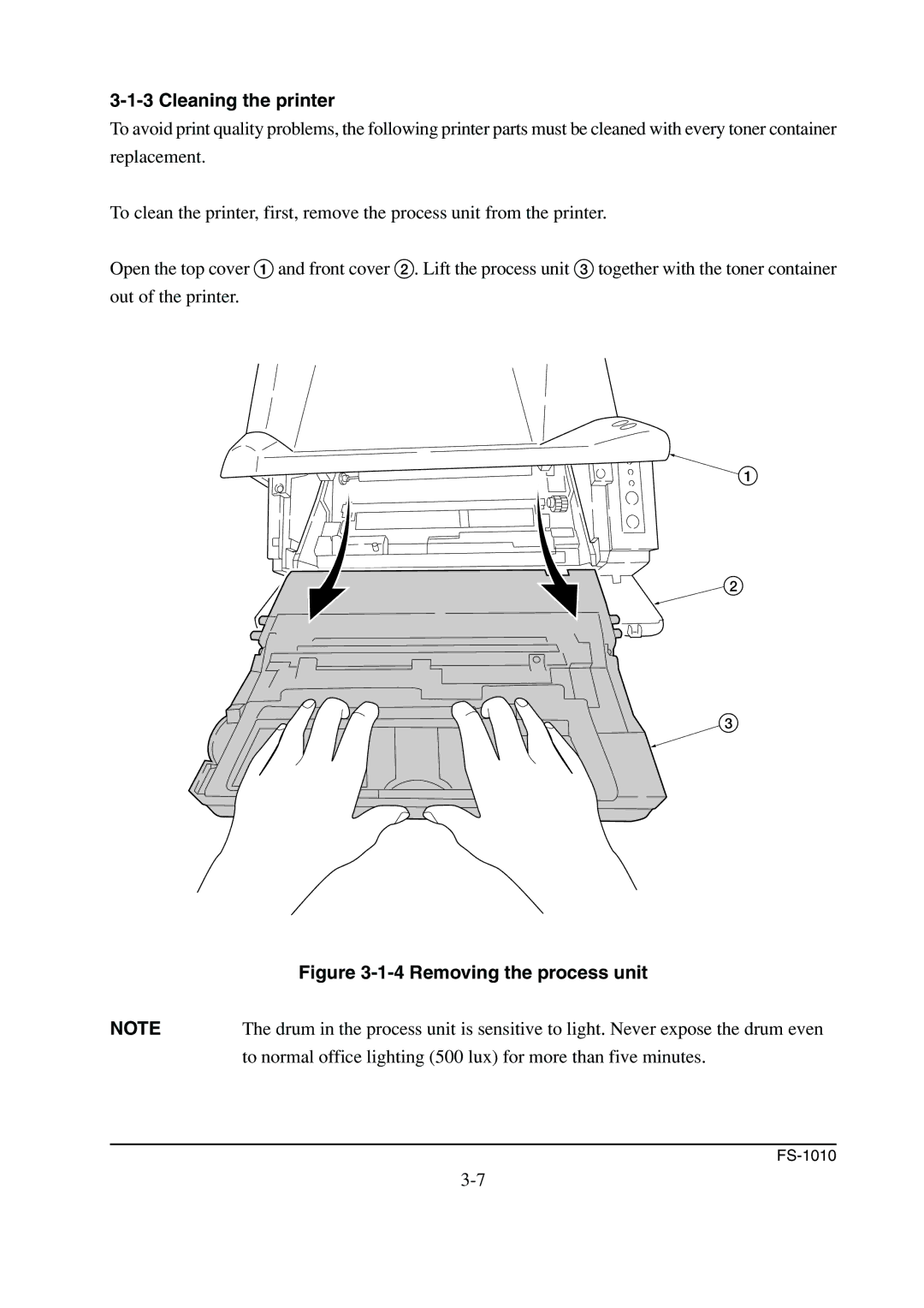 Kyocera FS-1010 service manual Cleaning the printer, Removing the process unit 