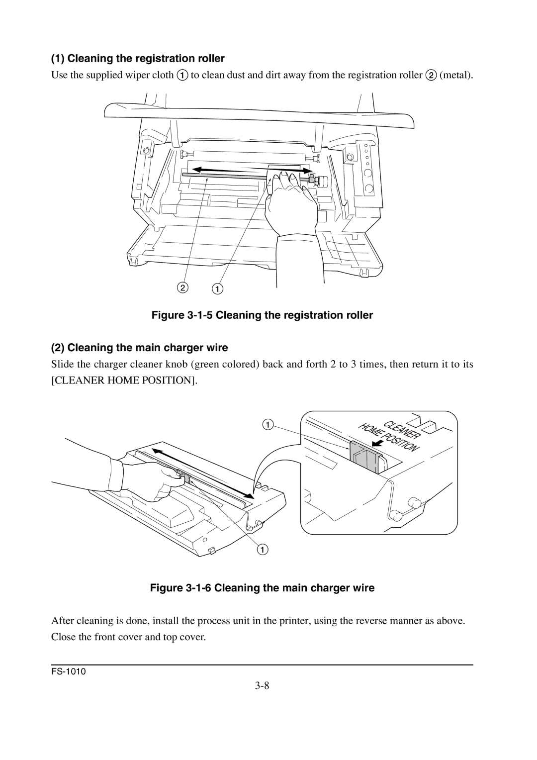 Kyocera FS-1010 service manual Cleaning the registration roller, Cleaning the main charger wire 