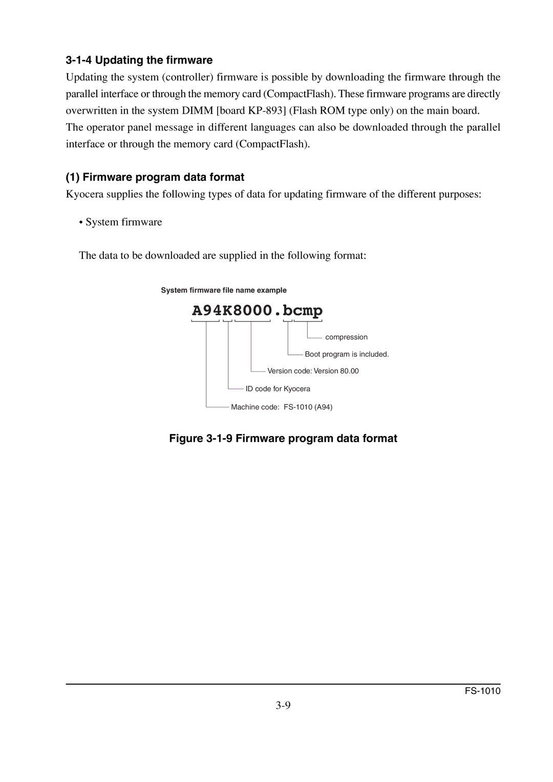 Kyocera FS-1010 service manual Updating the firmware, Firmware program data format 