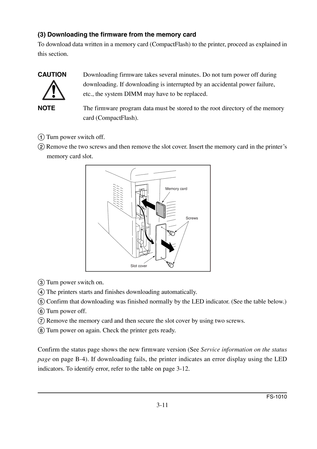 Kyocera FS-1010 service manual Downloading the firmware from the memory card 