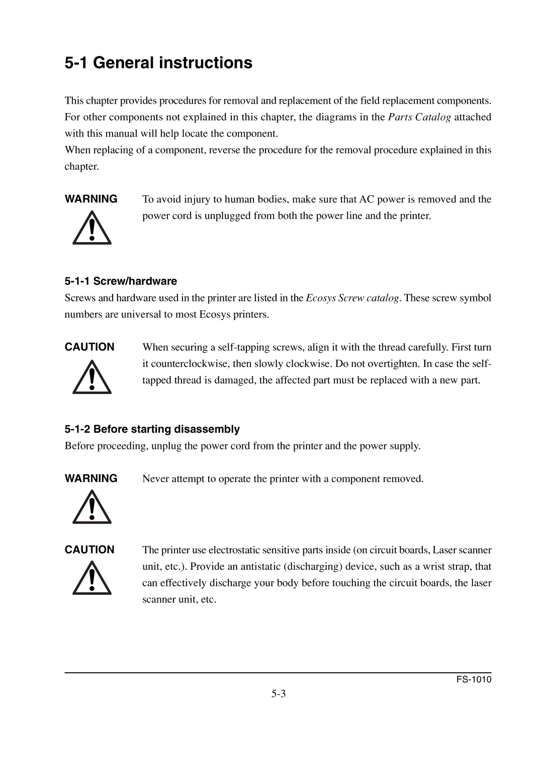 Kyocera FS-1010 service manual General instructions, Screw/hardware, Before starting disassembly 