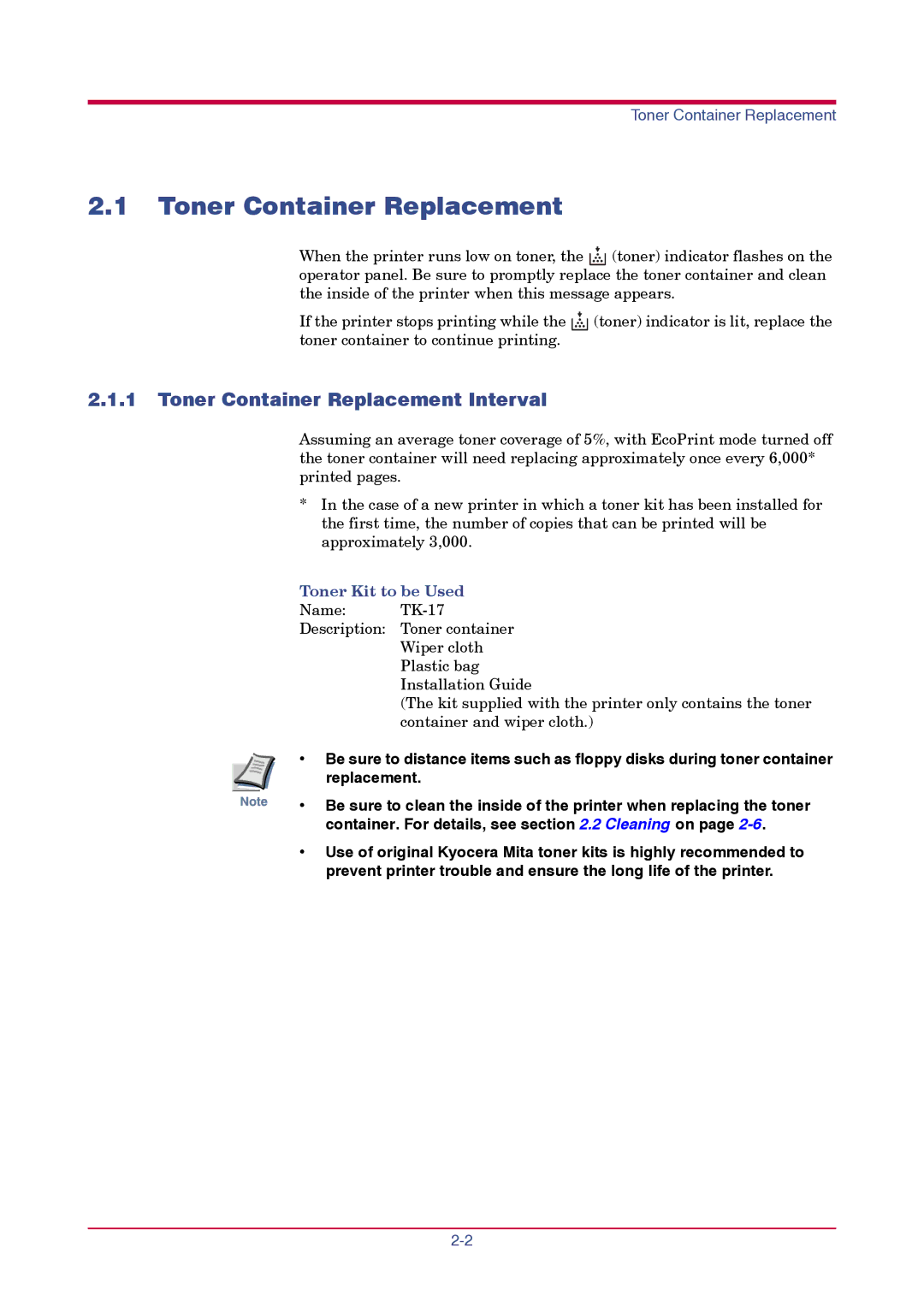 Kyocera FS-1010 manual Toner Container Replacement Interval, Toner Kit to be Used 