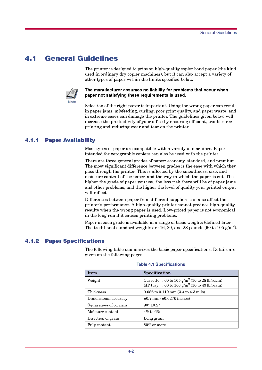 Kyocera FS-1010 manual General Guidelines, Paper Availability, Paper Specifications 