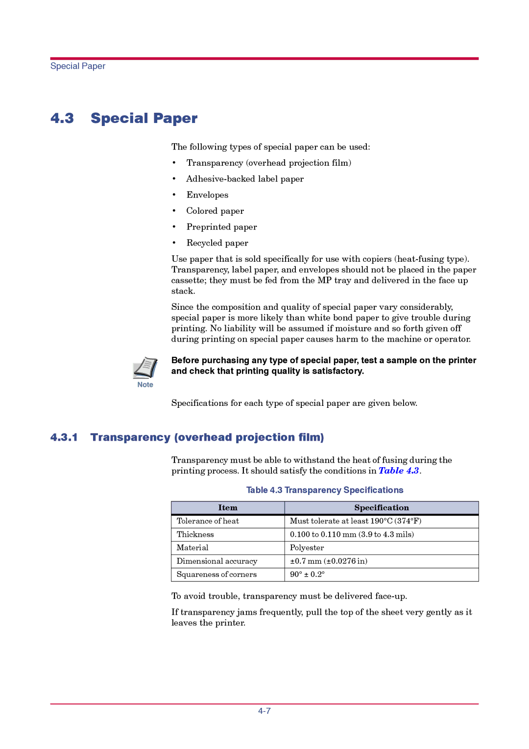 Kyocera FS-1010 manual Special Paper, Transparency overhead projection film, Transparency Specifications 