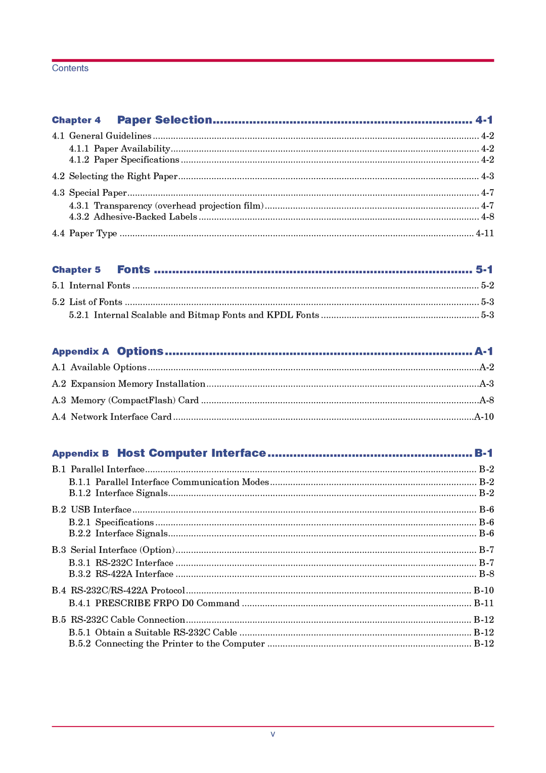 Kyocera FS-1010 manual Paper Selection, Fonts, Appendix a Options, Appendix B Host Computer Interface 