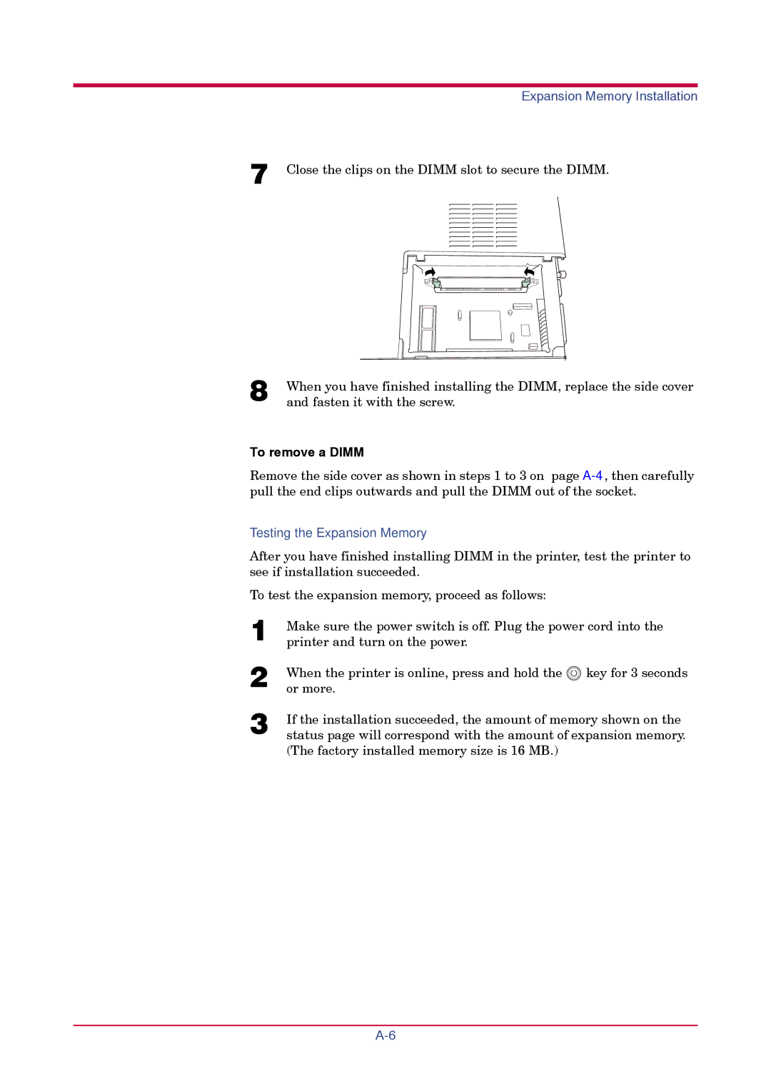 Kyocera FS-1010 manual To remove a Dimm, Testing the Expansion Memory 