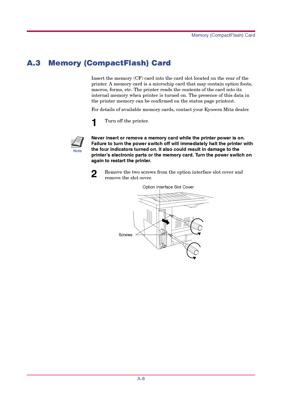 Kyocera FS-1010 manual Memory CompactFlash Card 