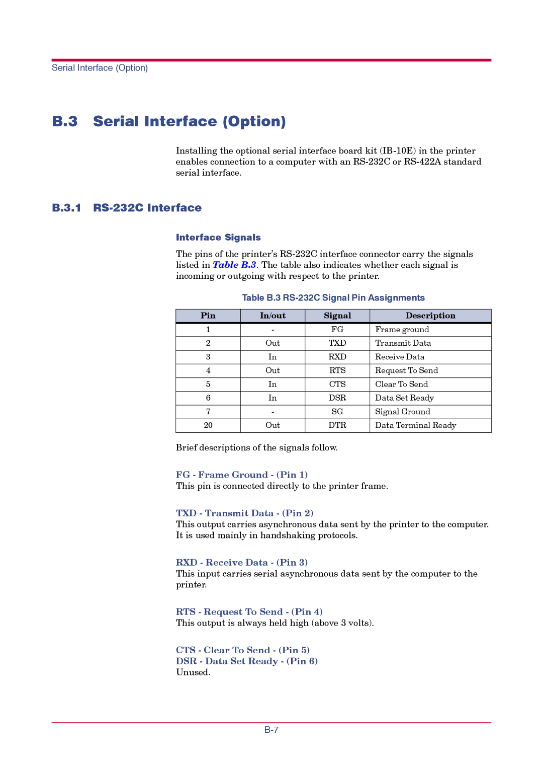 Kyocera FS-1010 manual Serial Interface Option, 1 RS-232C Interface 