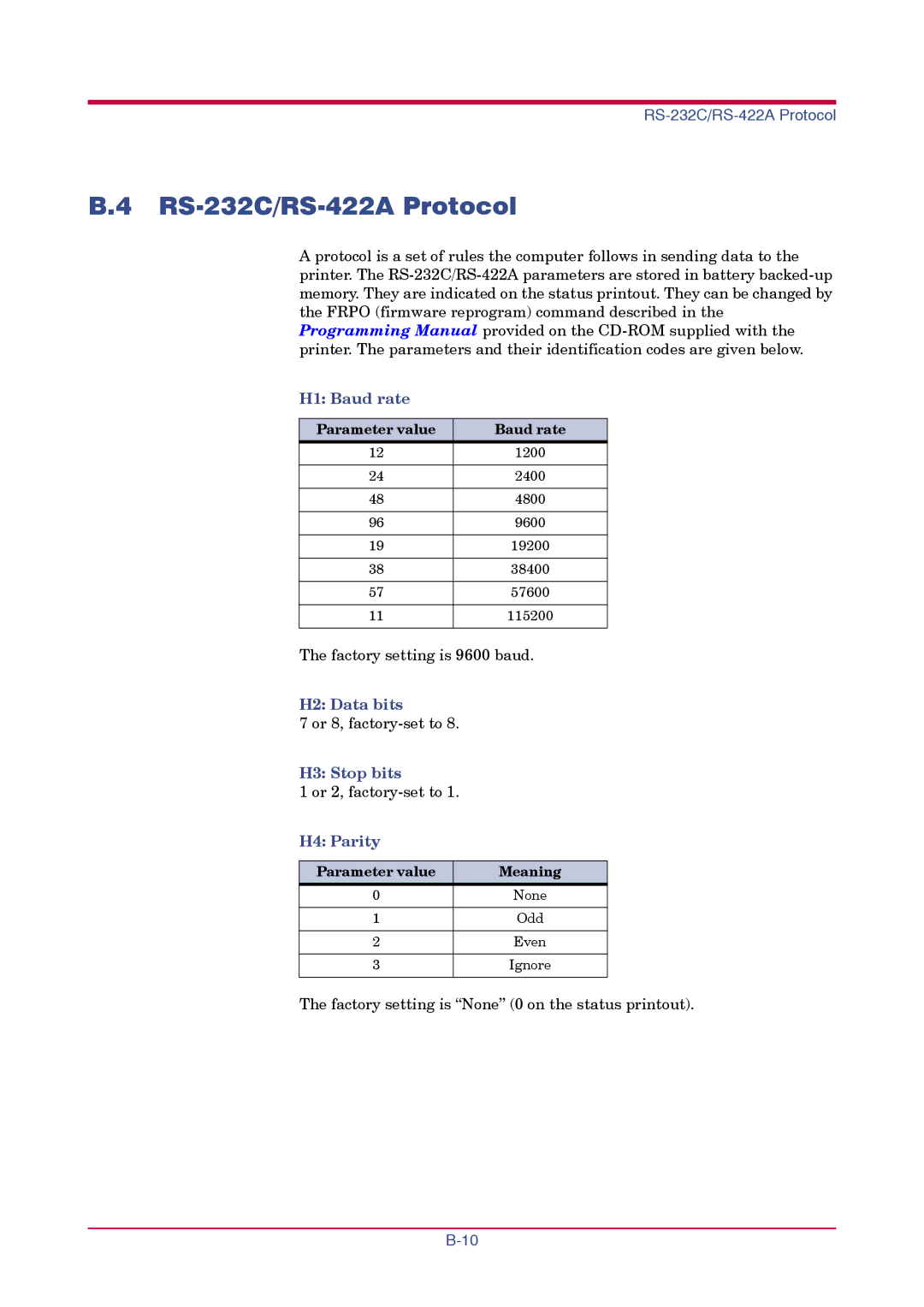 Kyocera FS-1010 manual RS-232C/RS-422A Protocol, H1 Baud rate, H2 Data bits, H3 Stop bits, H4 Parity 