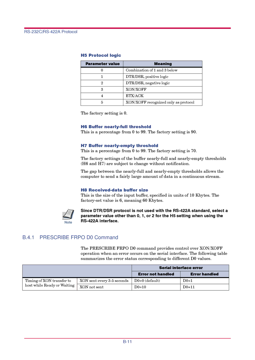 Kyocera FS-1010 manual Prescribe Frpo D0 Command, H5 Protocol logic, H6 Buffer nearly-full threshold 