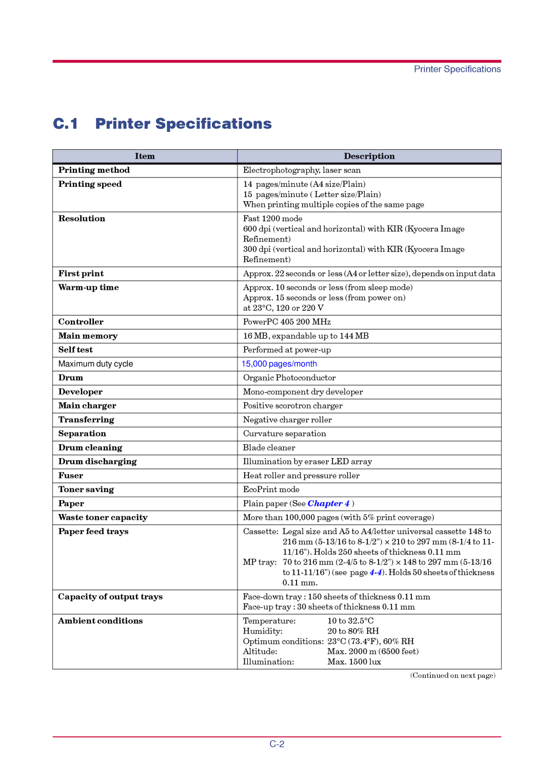 Kyocera FS-1010 manual Printer Specifications 