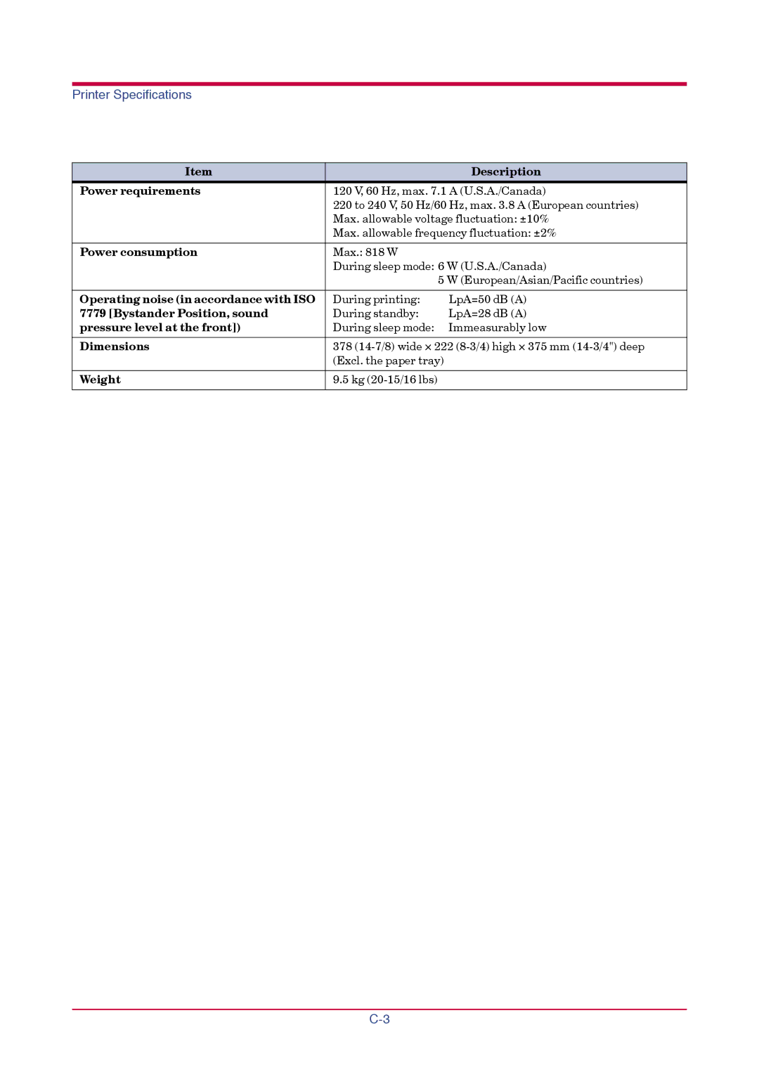 Kyocera FS-1010 Power requirements, Power consumption, Operating noise in accordance with ISO, Bystander Position, sound 