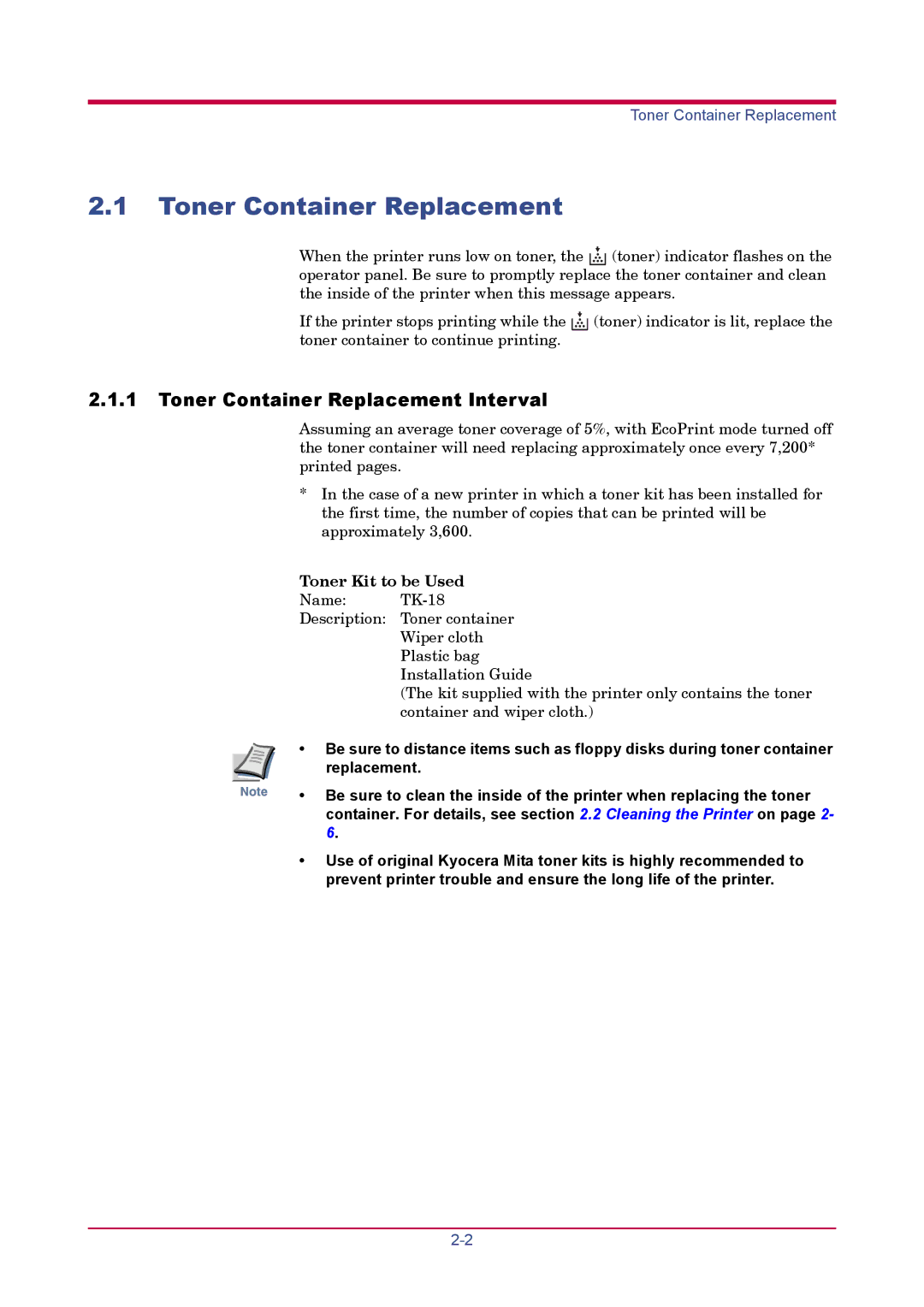 Kyocera FS-1020D manual Toner Container Replacement Interval 