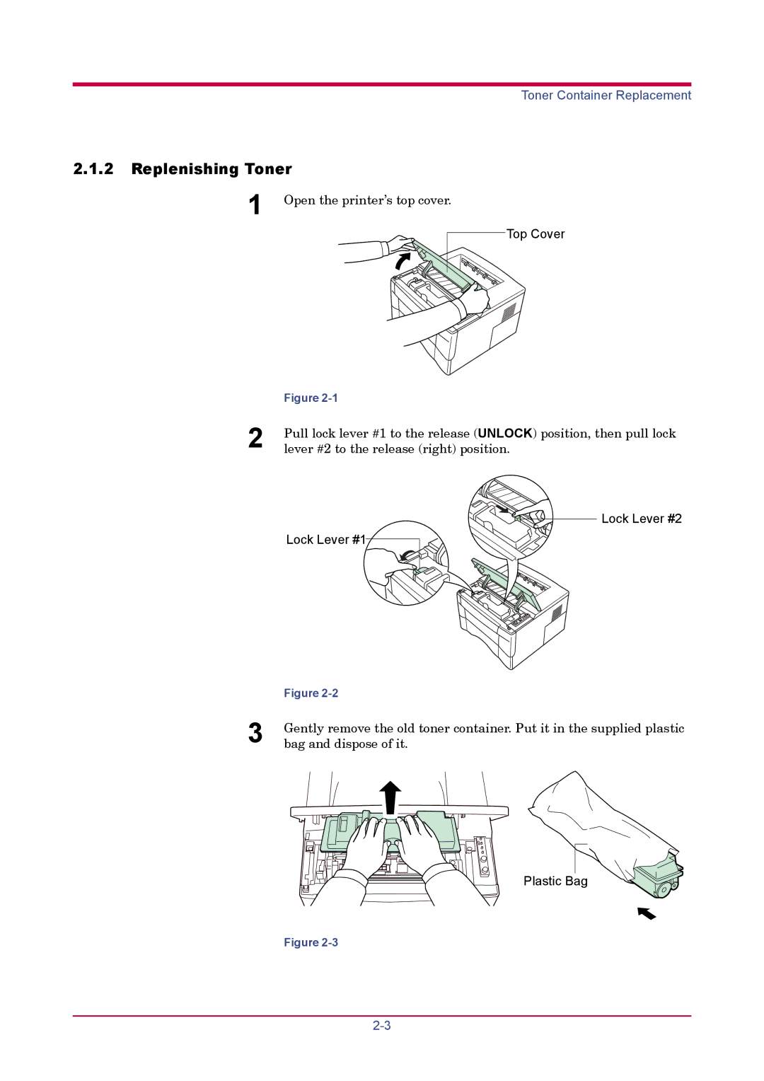 Kyocera FS-1020D manual Replenishing Toner, Bag and dispose of it 