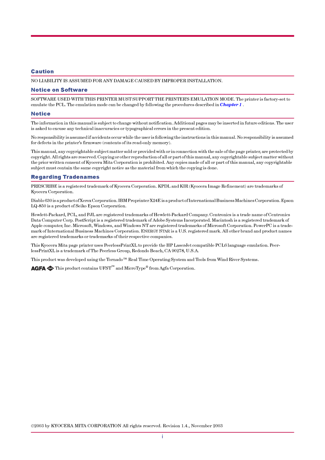 Kyocera FS-1020D manual Regarding Tradenames 