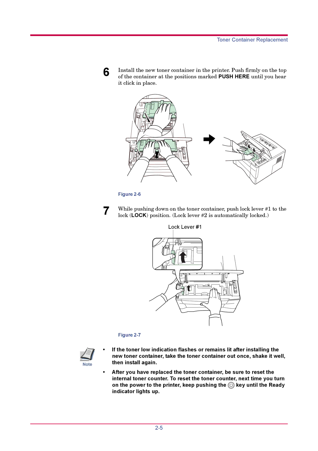 Kyocera FS-1020D manual Container at the positions marked Push Here until you hear 