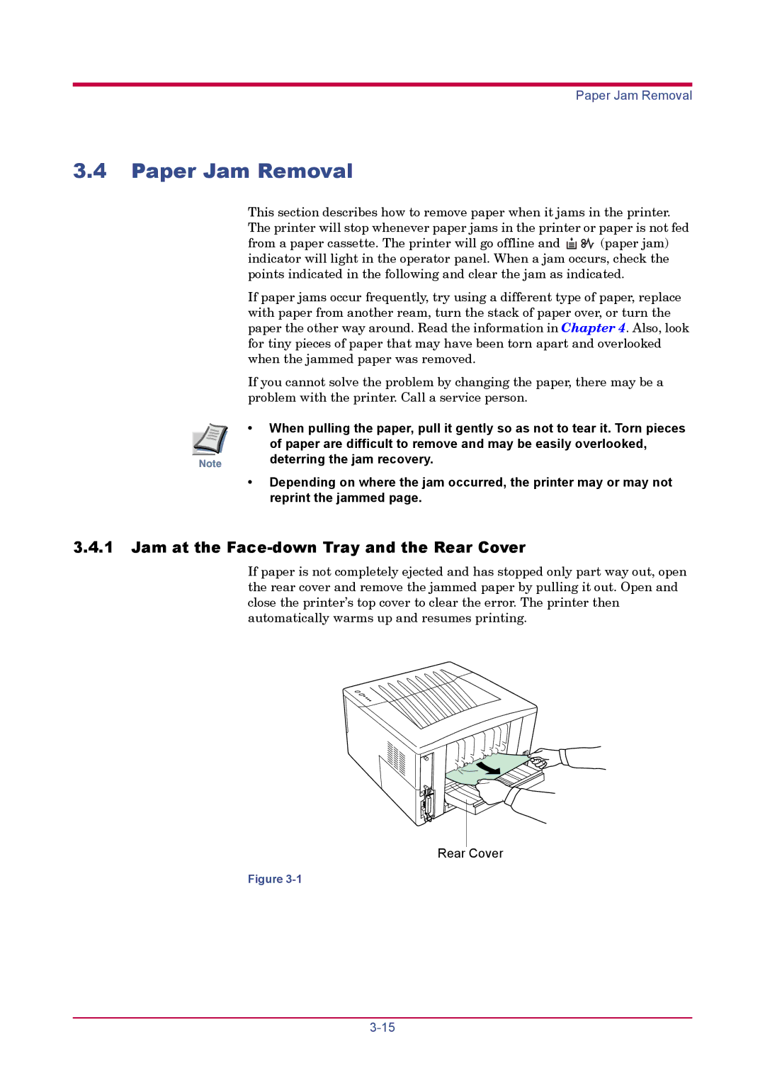 Kyocera FS-1020D manual Paper Jam Removal, Jam at the Face-down Tray and the Rear Cover 