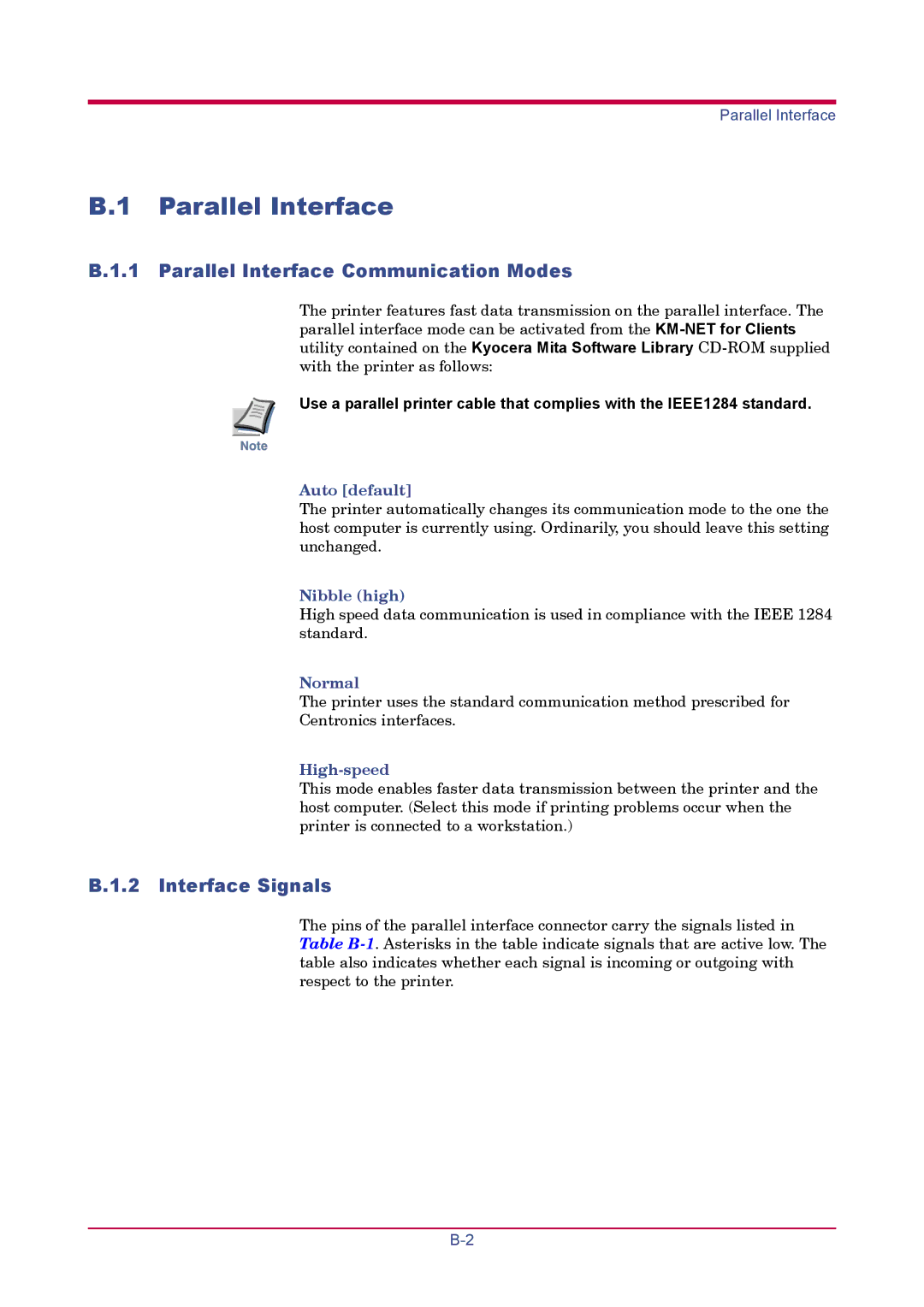 Kyocera FS-1020D manual Parallel Interface, Auto default, Nibble high, Normal, High-speed 