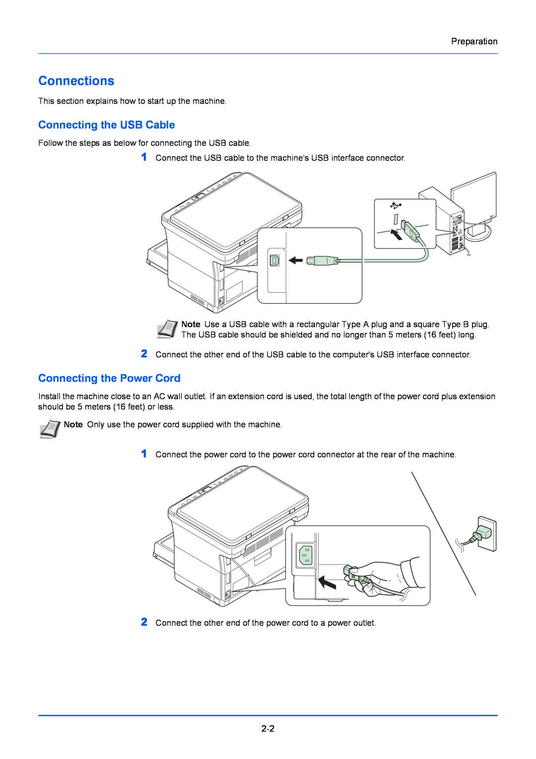 Kyocera FS-1020MFP, FS-1220MFP manual Connections, Connecting the USB Cable, Connecting the Power Cord 