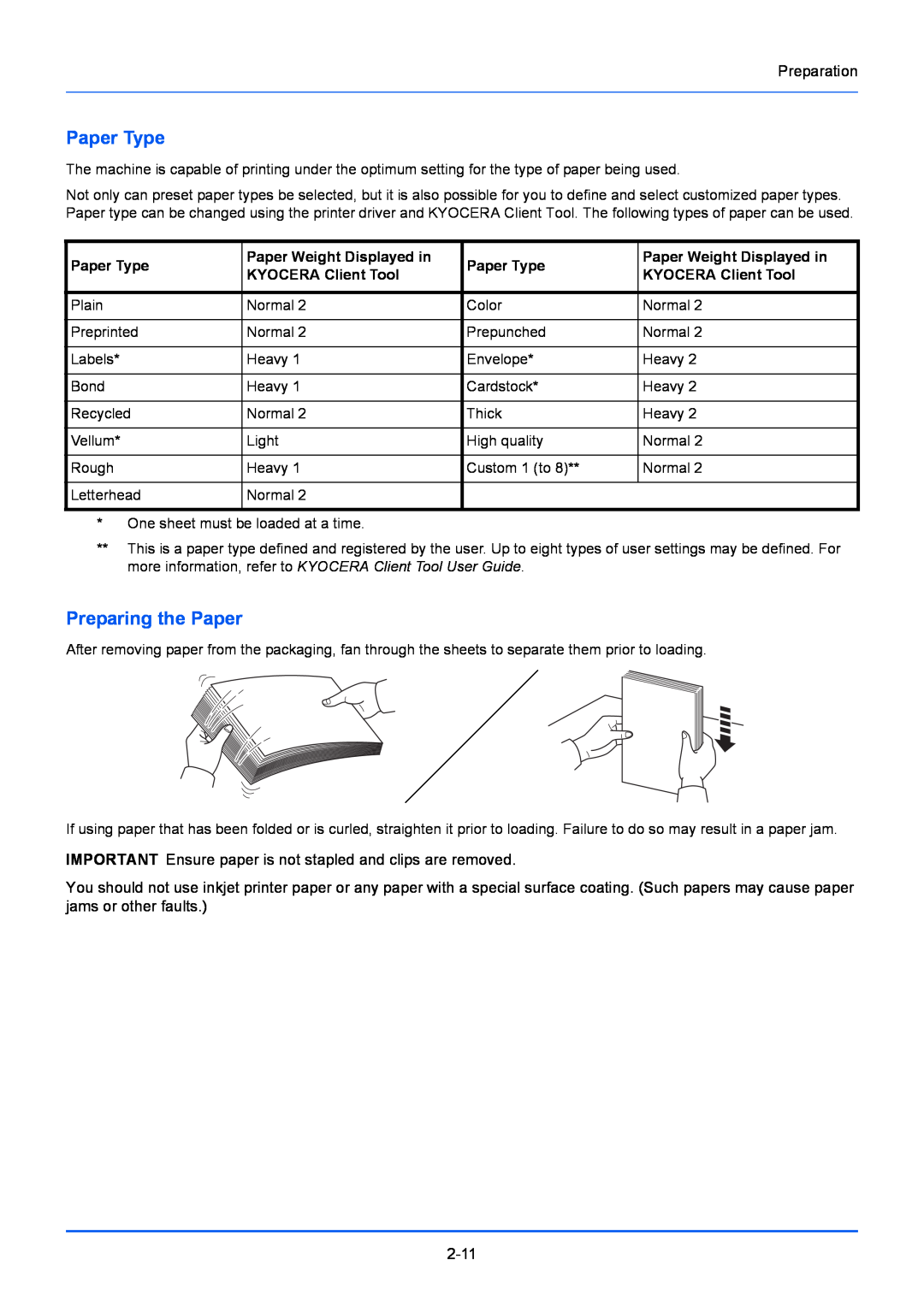 Kyocera FS-1220MFP, FS-1020MFP manual Paper Type, Preparing the Paper 