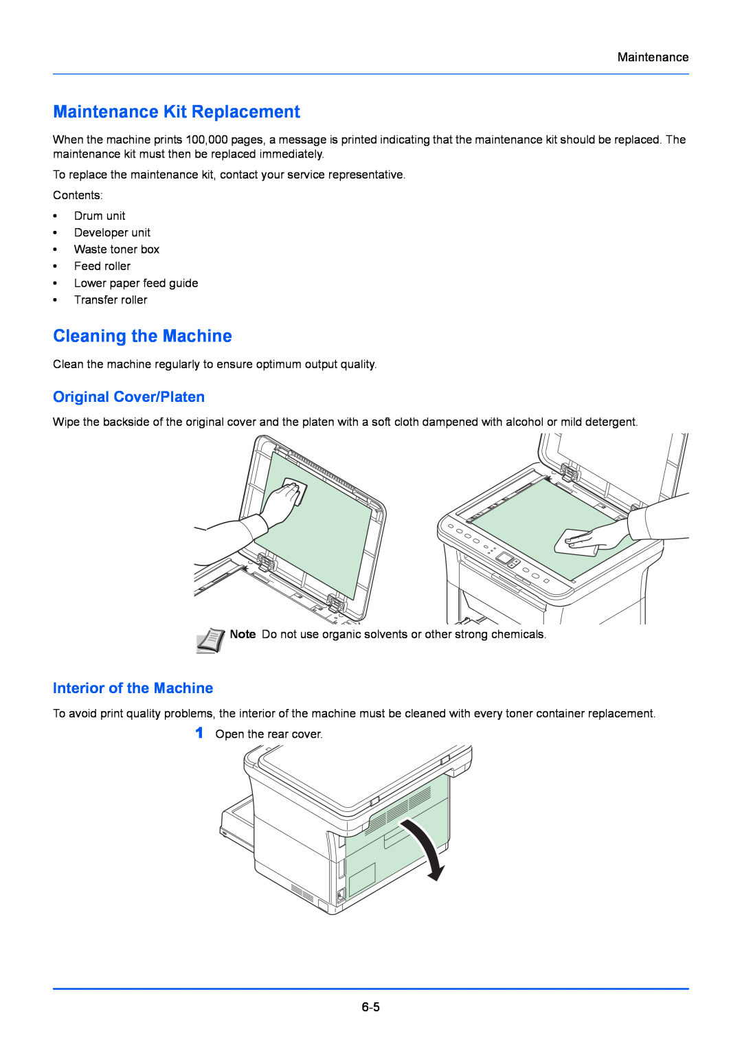 Kyocera FS-1220MFP manual Maintenance Kit Replacement, Cleaning the Machine, Original Cover/Platen, Interior of the Machine 