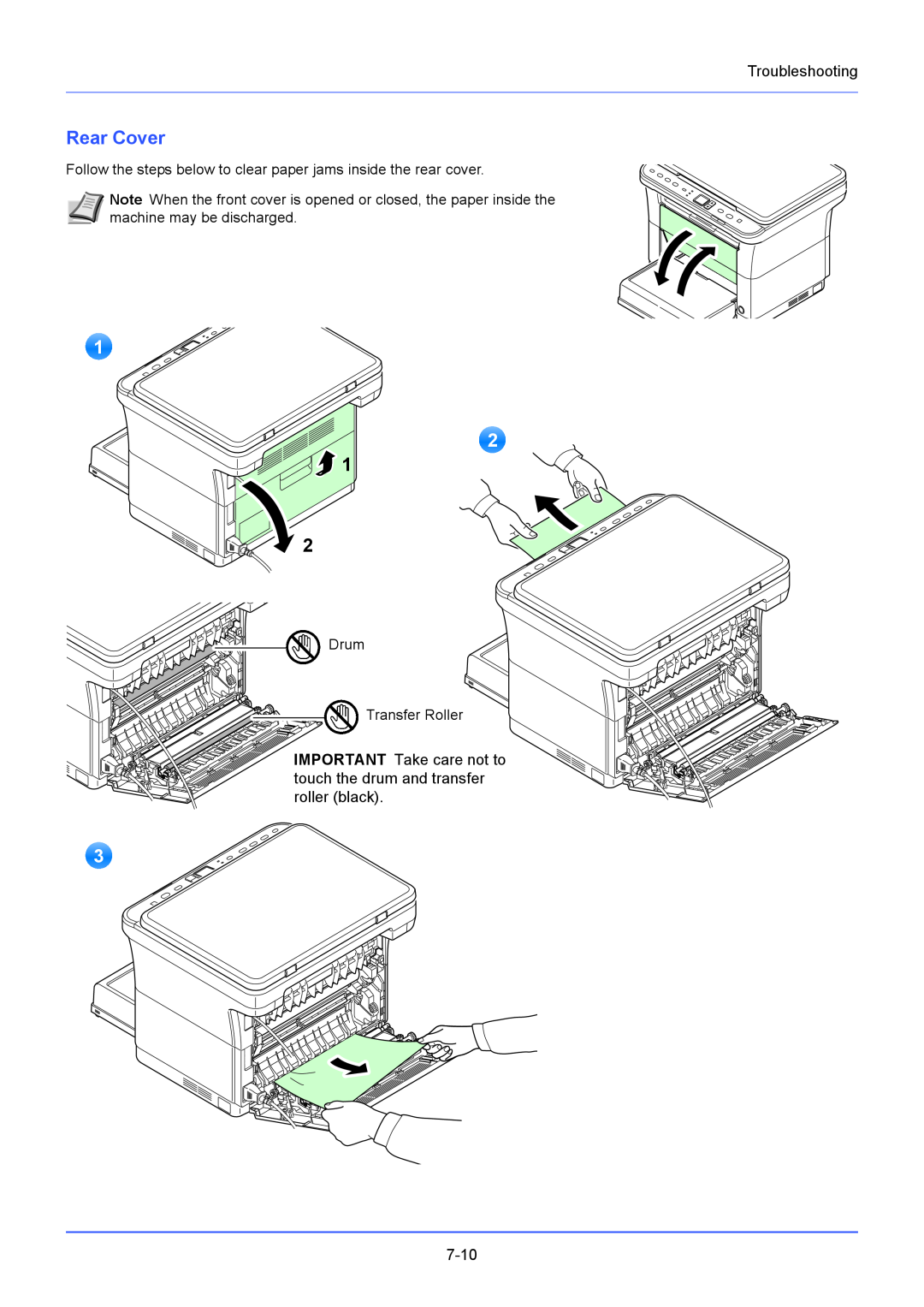 Kyocera FS-1020MFP Rear Cover, Troubleshooting, Follow the steps below to clear paper jams inside the rear cover, 7-10 