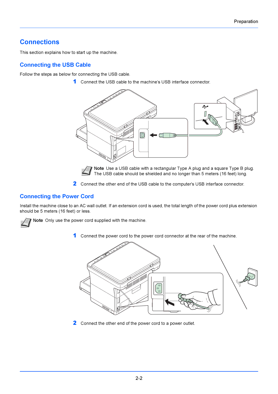 Kyocera FS-1020MFP, FS-1220MFP manual Connections, Connecting the USB Cable, Connecting the Power Cord 