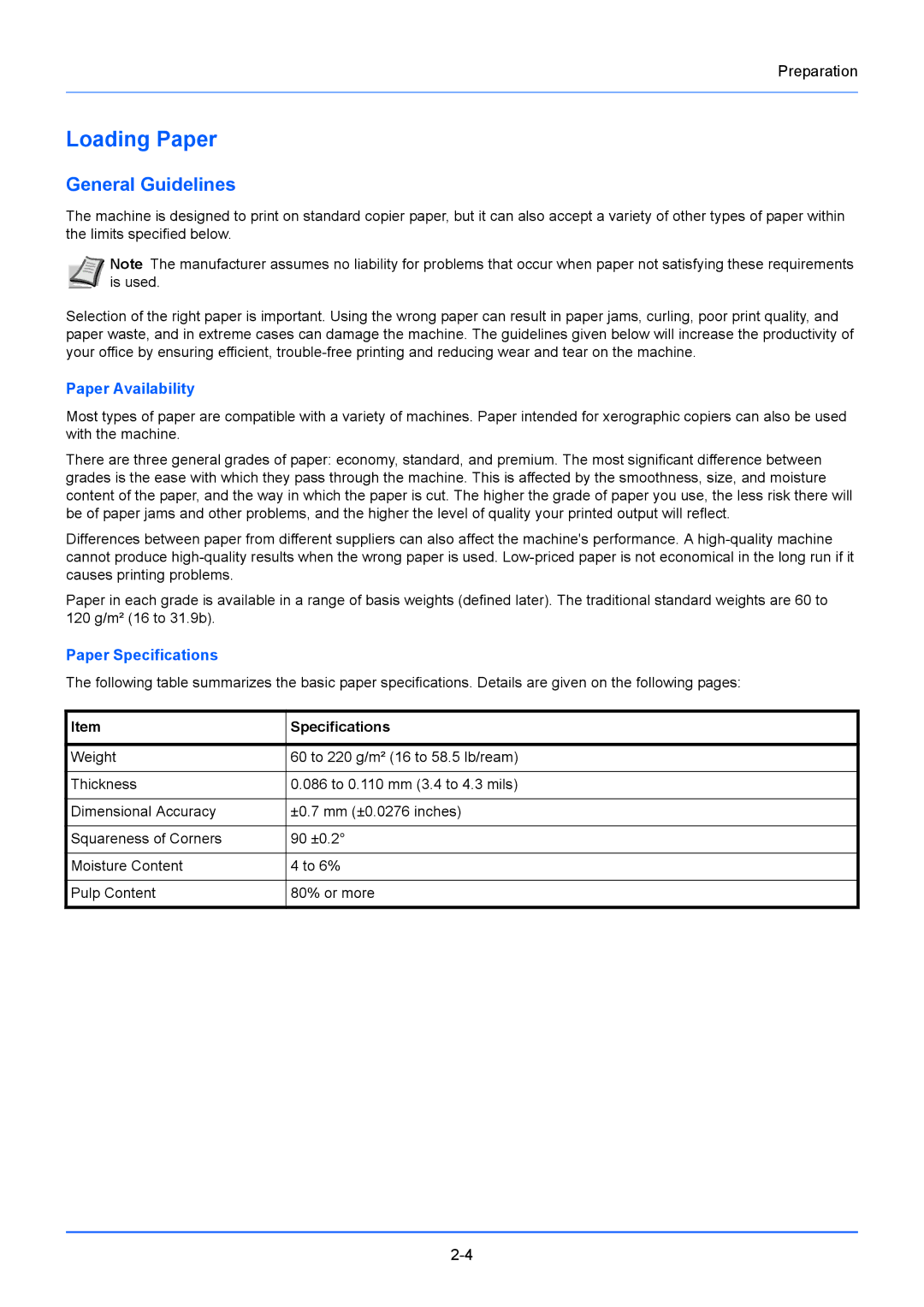 Kyocera FS-1020MFP, FS-1220MFP manual Loading Paper, General Guidelines, Paper Availability, Paper Specifications 