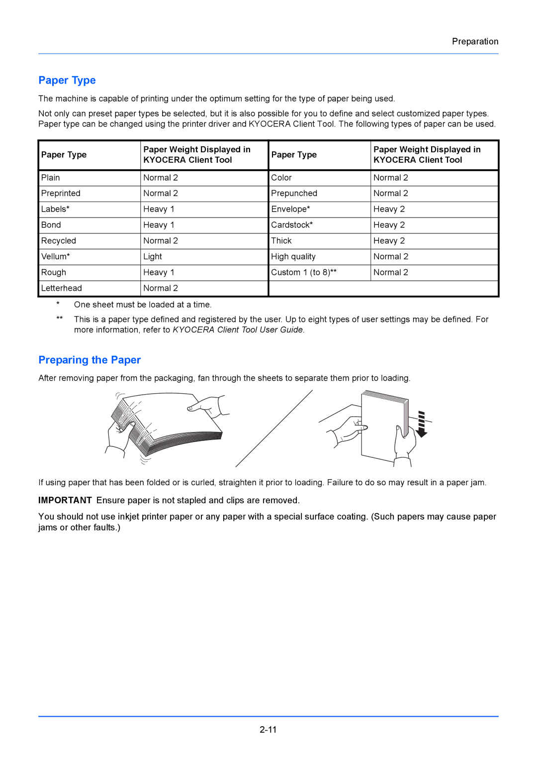 Kyocera FS-1220MFP, FS-1020MFP manual Preparing the Paper, Paper Type Paper Weight Displayed Kyocera Client Tool 