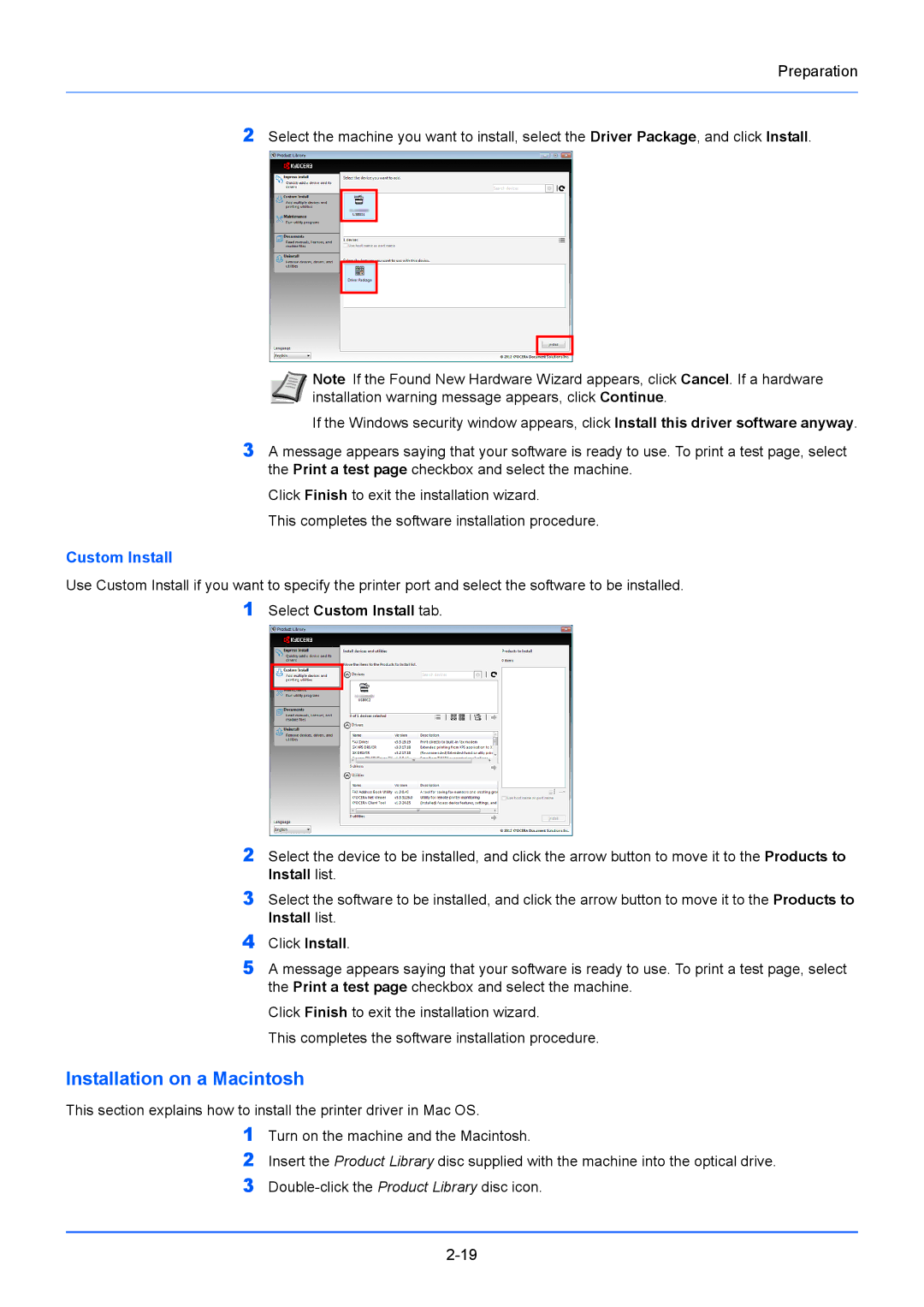 Kyocera FS-1220MFP, FS-1020MFP manual Installation on a Macintosh, Select Custom Install tab 