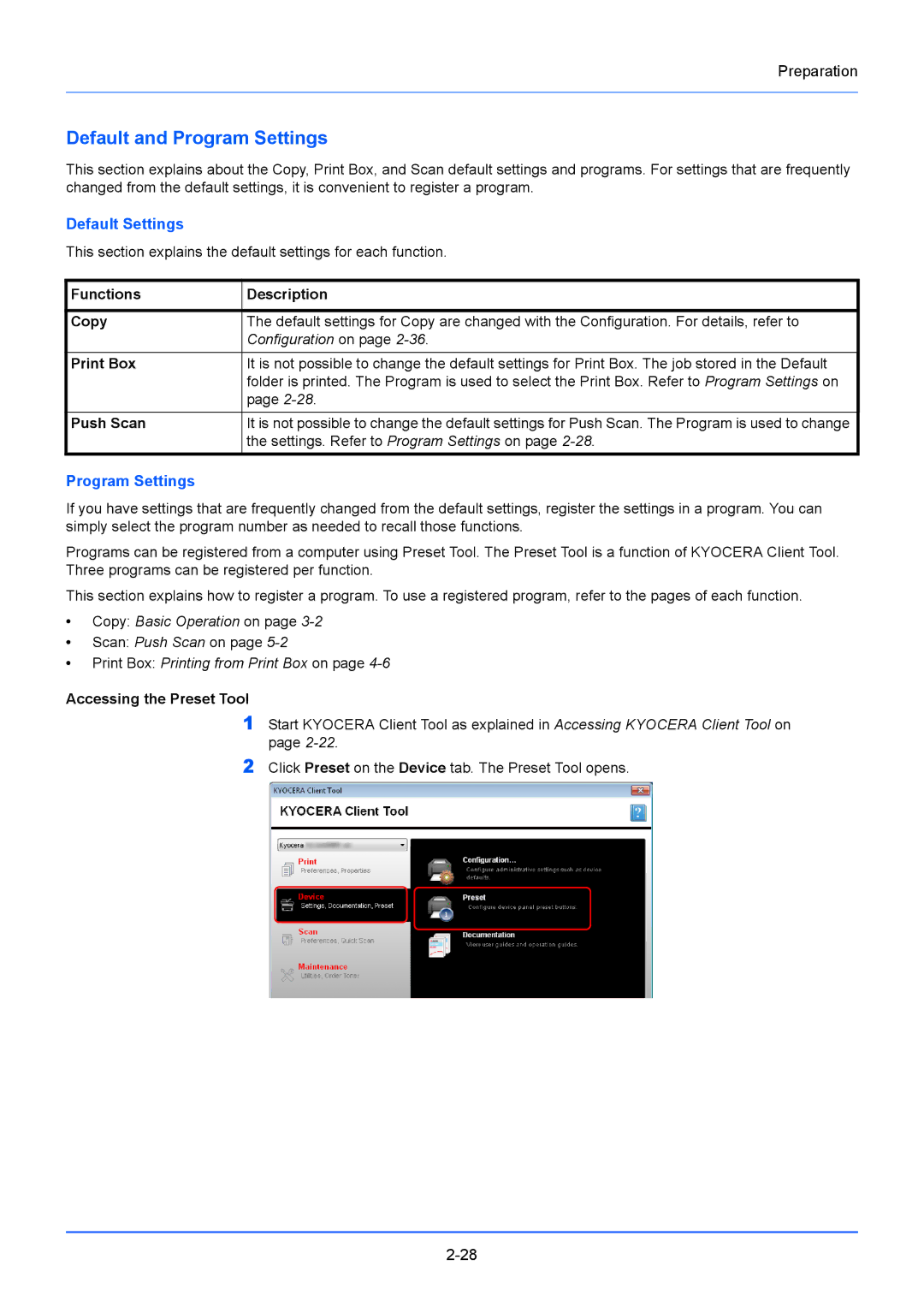 Kyocera FS-1020MFP, FS-1220MFP manual Default and Program Settings, Default Settings 