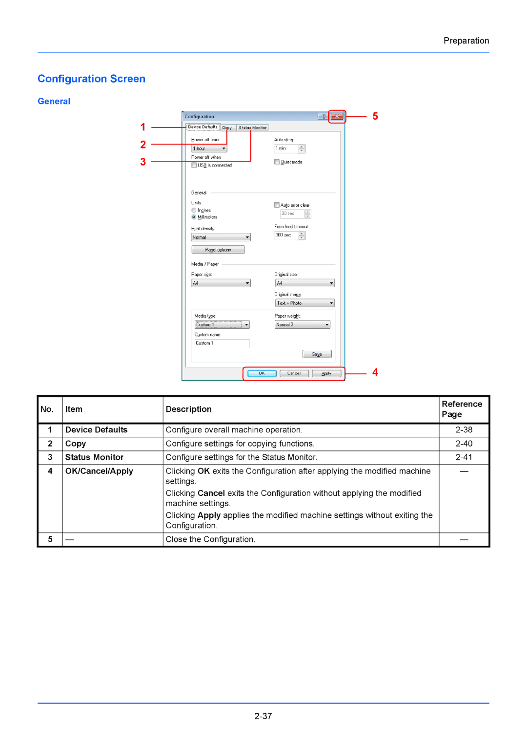 Kyocera FS-1220MFP manual Configuration Screen, Description Reference Device Defaults, Status Monitor, OK/Cancel/Apply 