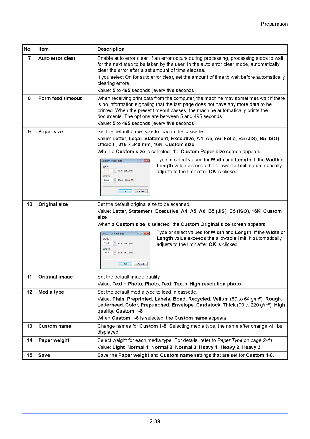 Kyocera FS-1220MFP, FS-1020MFP Auto error clear, Clear the error after a set amount of time elapses, Clearing errors, Size 