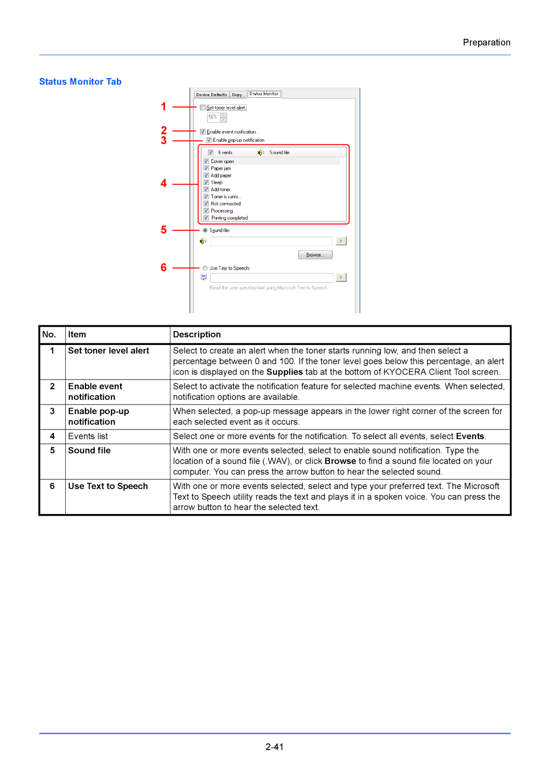 Kyocera FS-1220MFP, FS-1020MFP manual Status Monitor Tab, Enable event, Arrow button to hear the selected text 